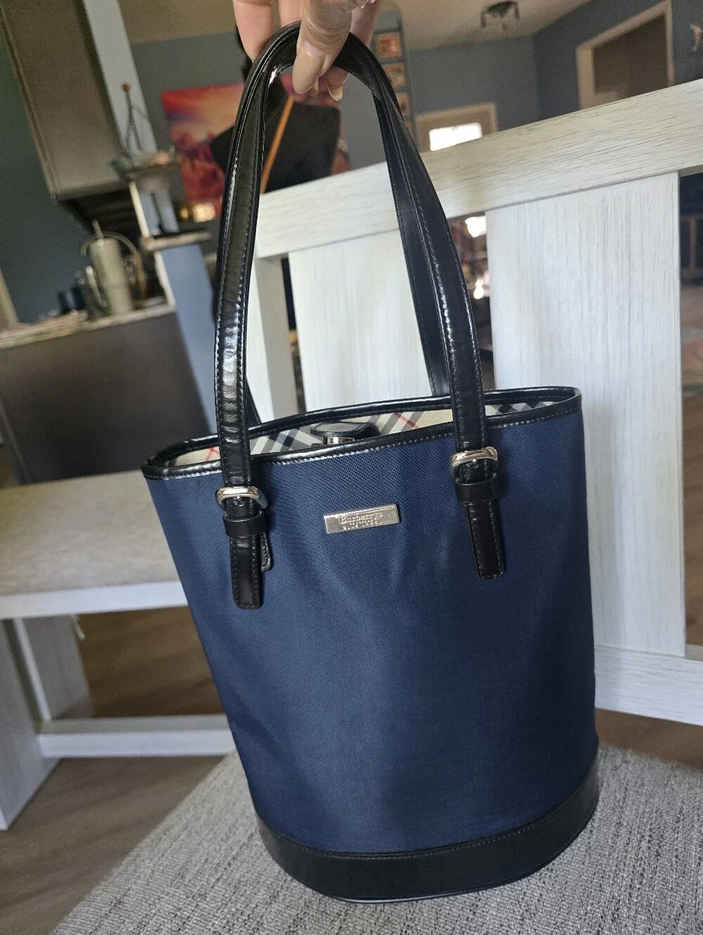 Authentic Burberry Navy Bucket Bag with Black Trim